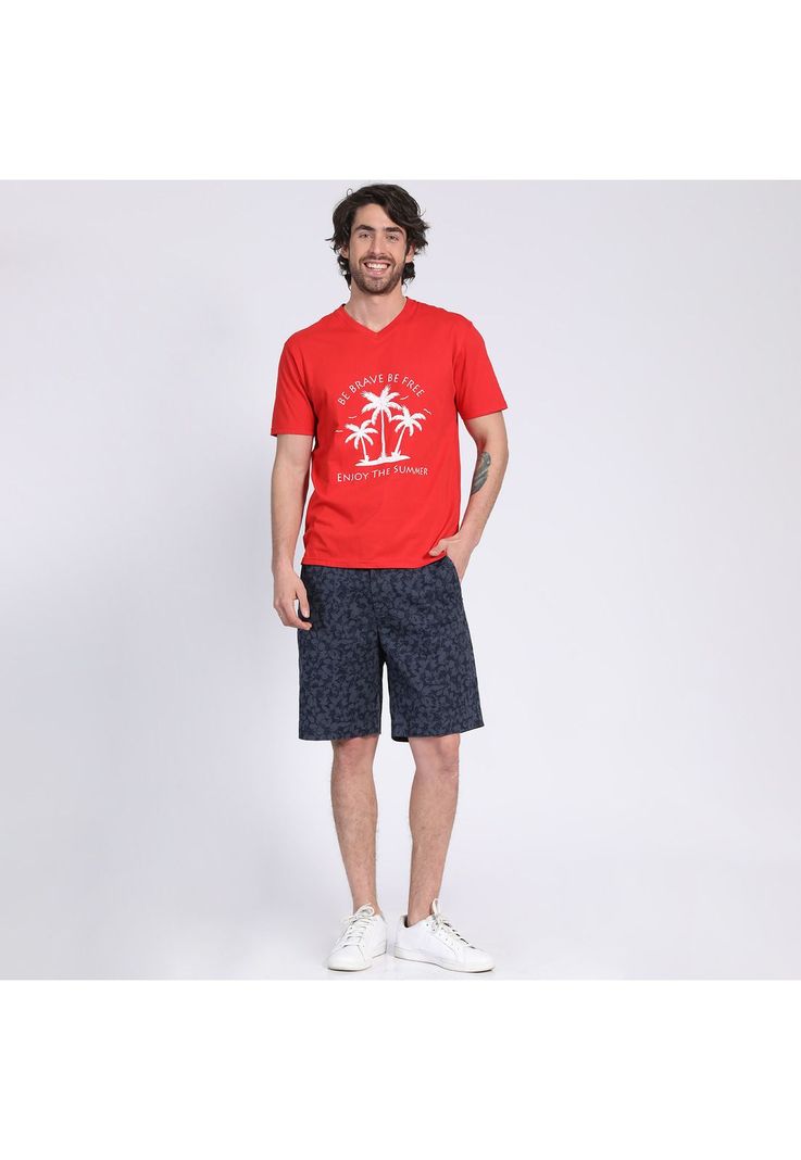Polera Manga Corta Jersey Estampada Cuello V Ladrillo-0