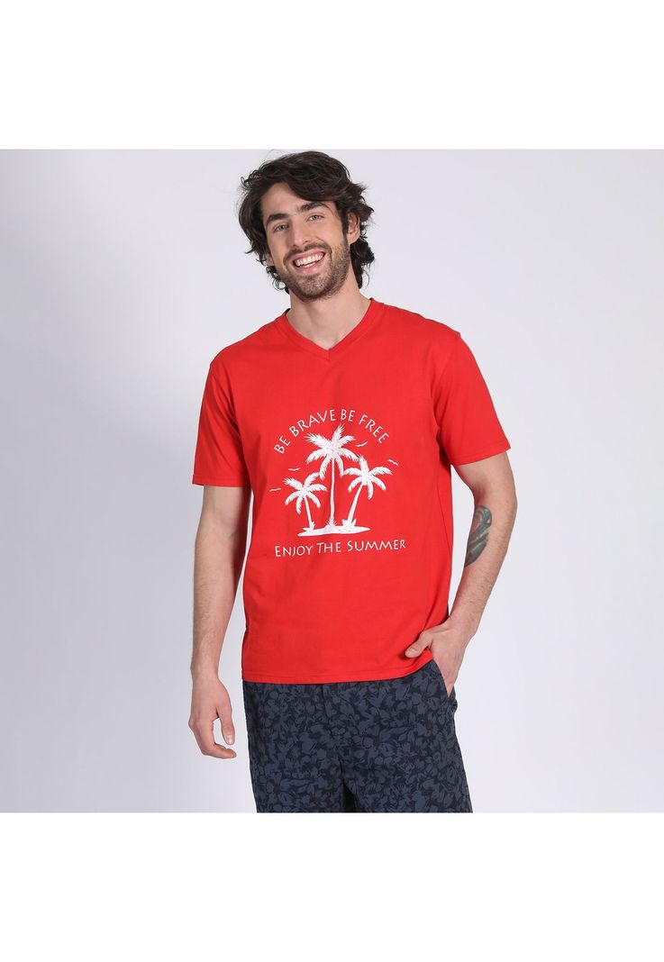 Polera Manga Corta Jersey Estampada Cuello V Ladrillo-1