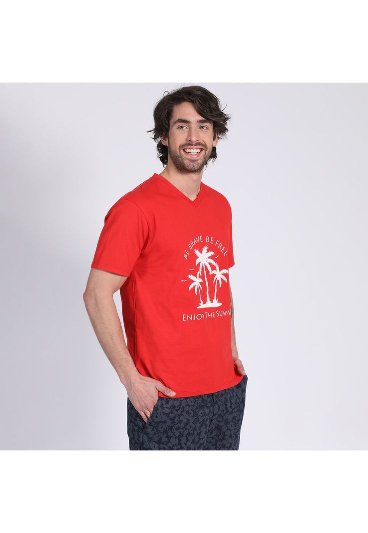 Polera Manga Corta Jersey Estampada Cuello V Ladrillo-2