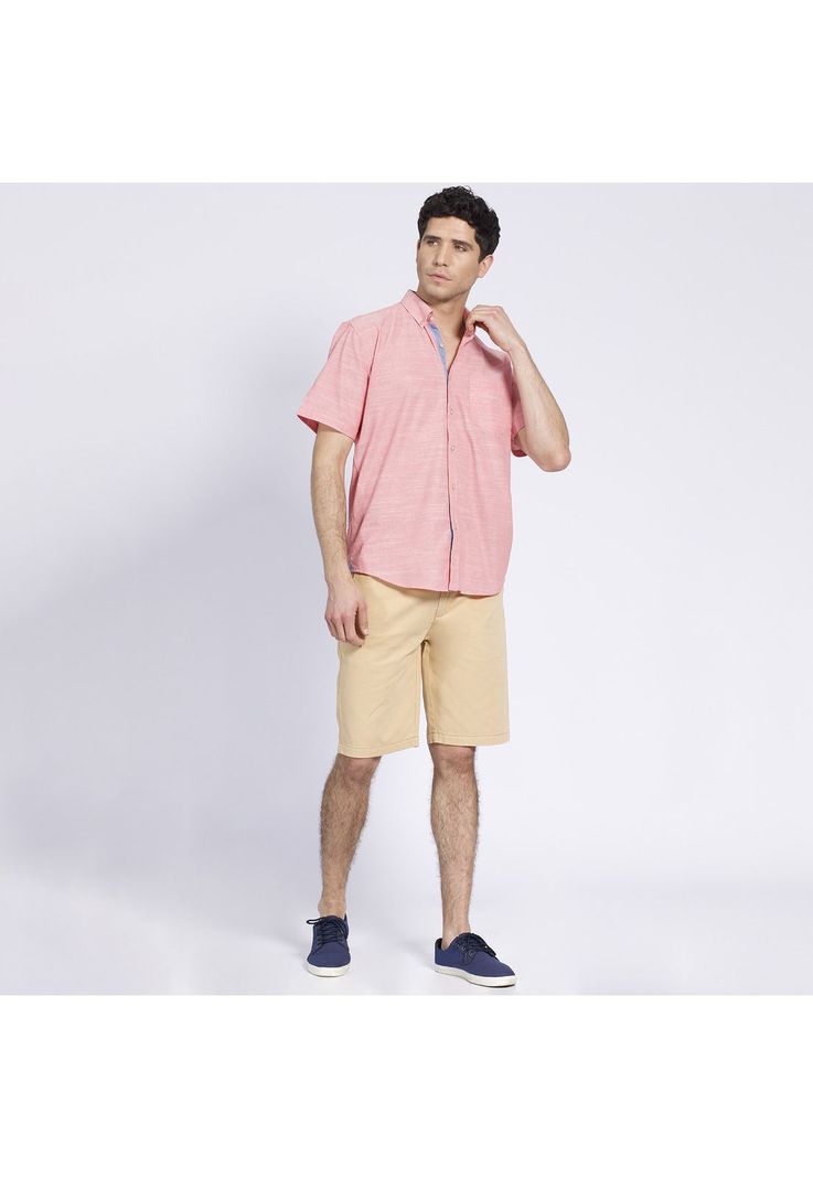 Camisa Manga Corta Fantasía Lisa Regular Fit Botón Cuello Rosado-0
