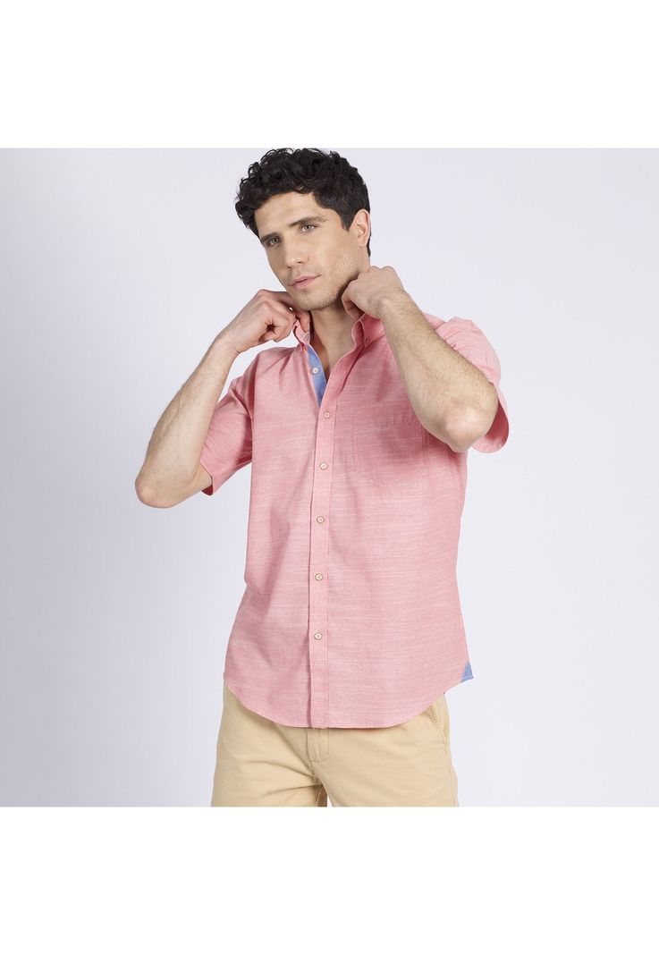 Camisa Manga Corta Fantasía Lisa Regular Fit Botón Cuello Rosado-1