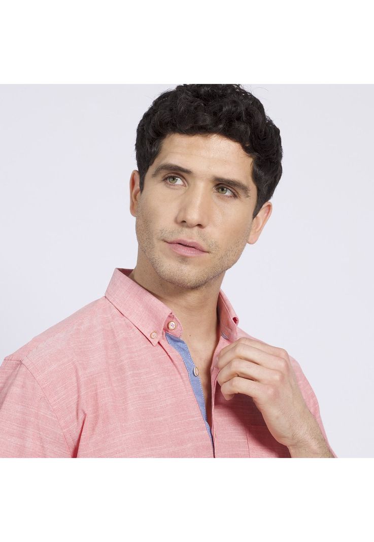 Camisa Manga Corta Fantasía Lisa Regular Fit Botón Cuello Rosado-2
