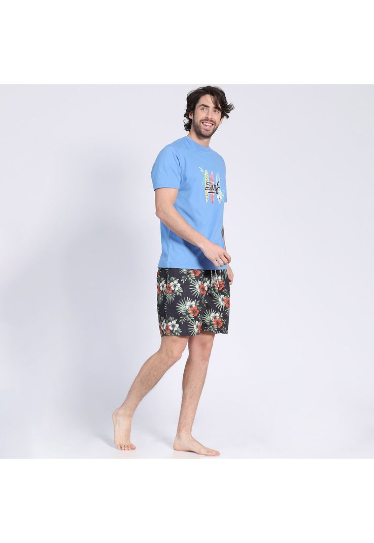 Polera Manga Corta Jersey Estampada Cuello Redondo Azul-0