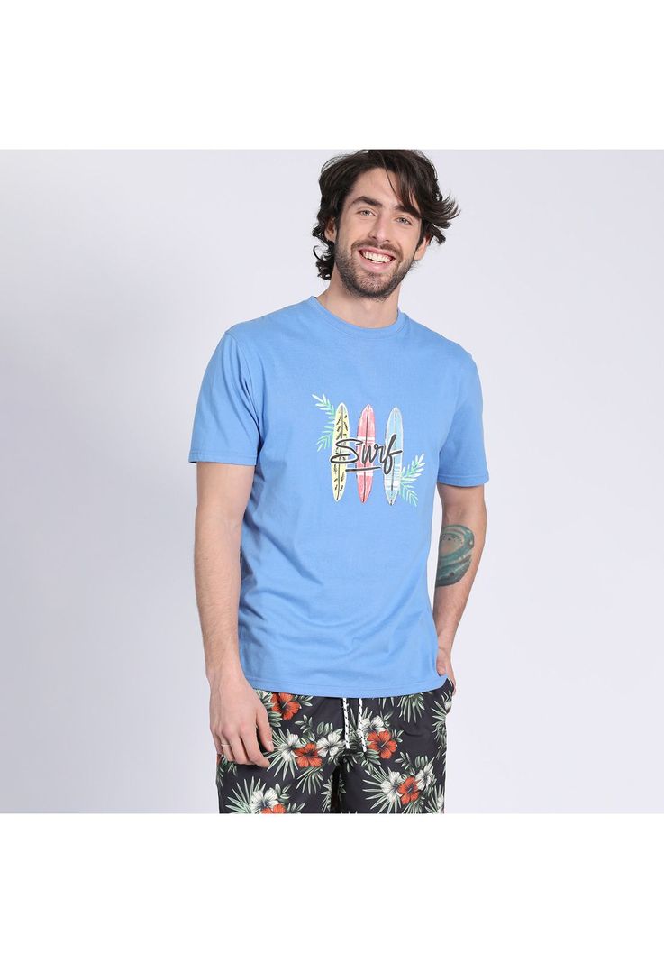Polera Manga Corta Jersey Estampada Cuello Redondo Azul-1