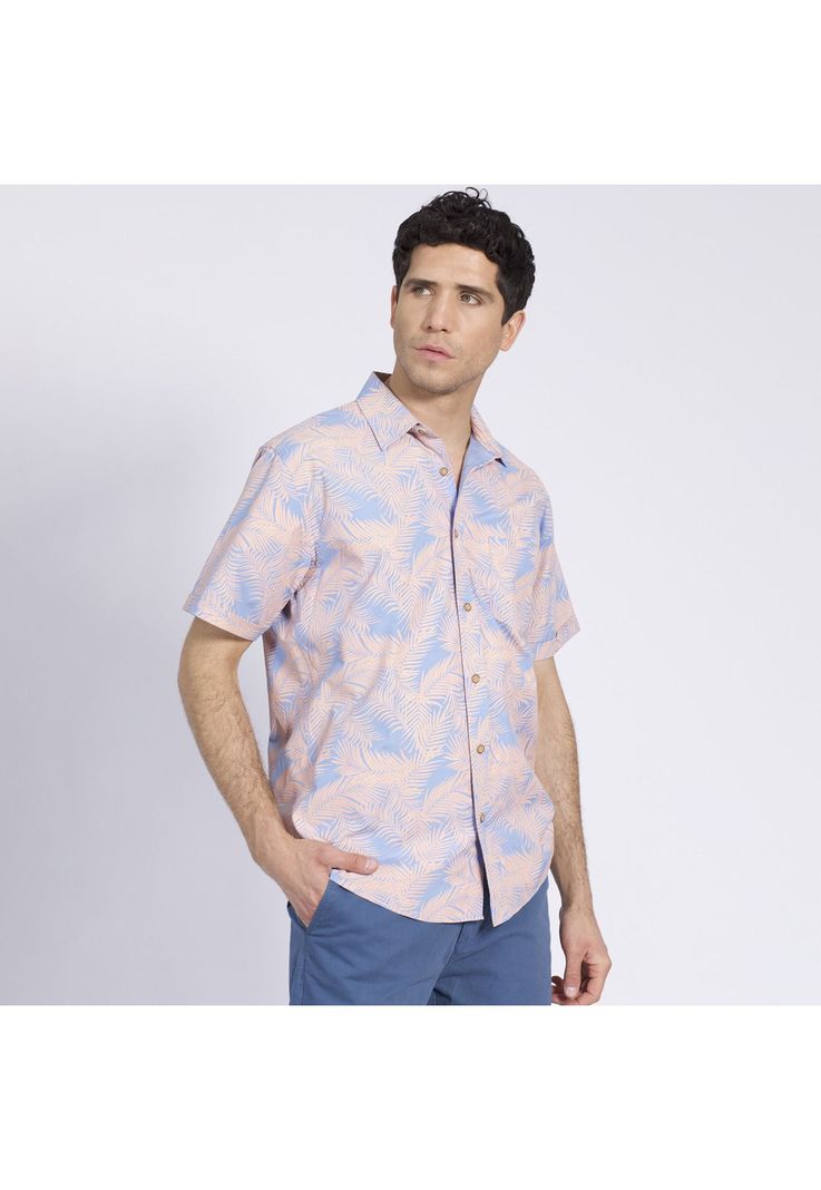 Camisa Manga Corta Guayabera Estampada Regular Fit Cuello Semi Italiano Coral-2