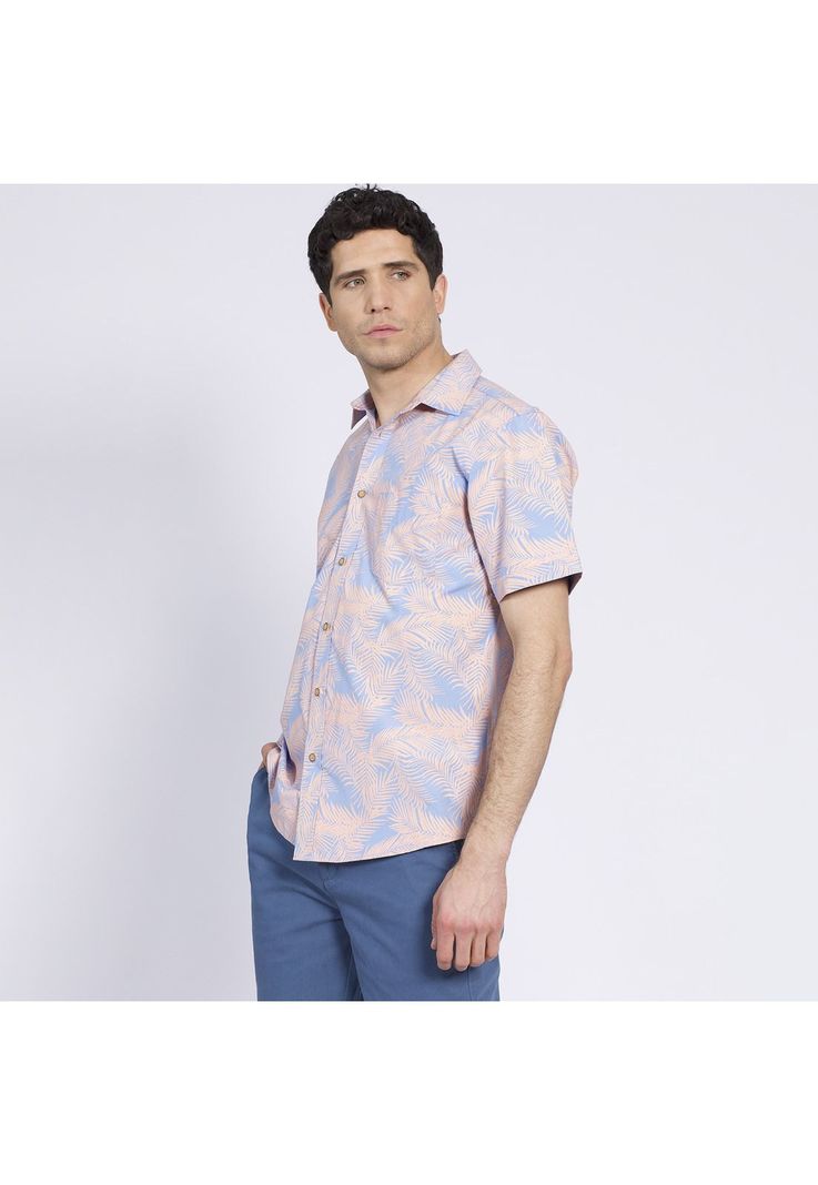 Camisa Manga Corta Guayabera Estampada Regular Fit Cuello Semi Italiano Coral-3