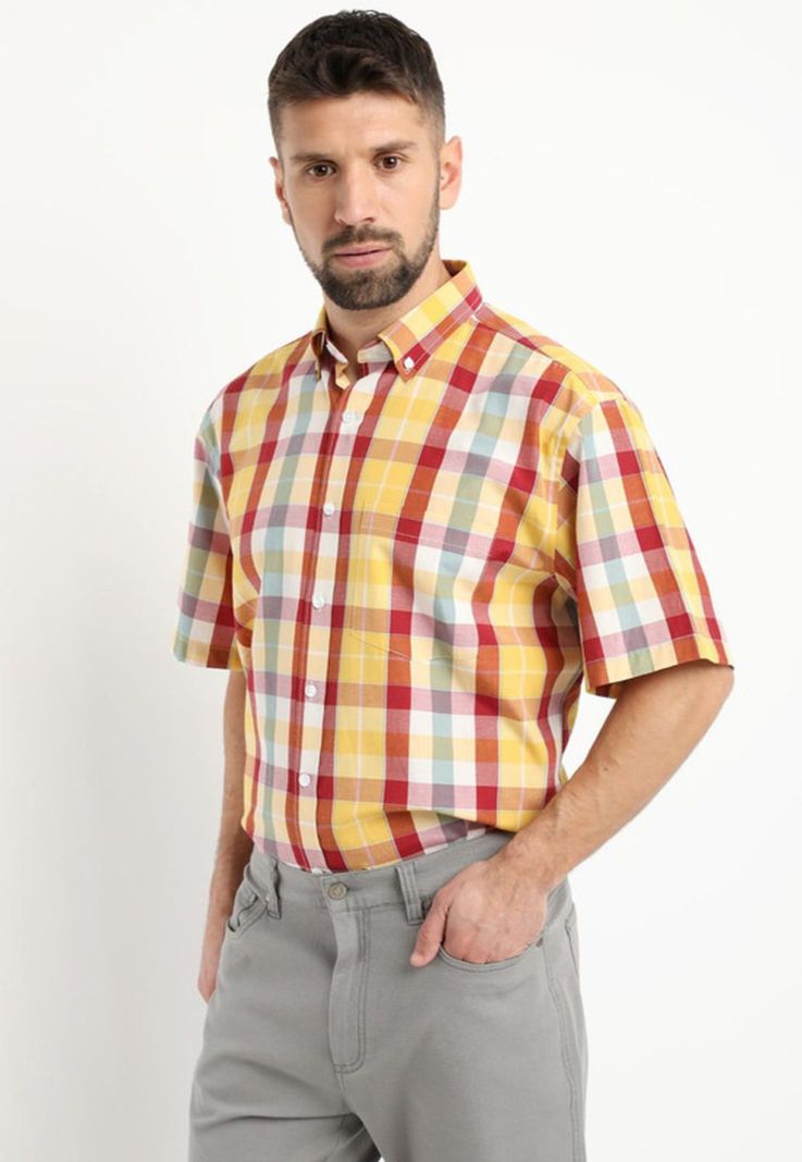 Camisa Fantasia Clasica Manga Corta Boton Cuello Amarillo-0