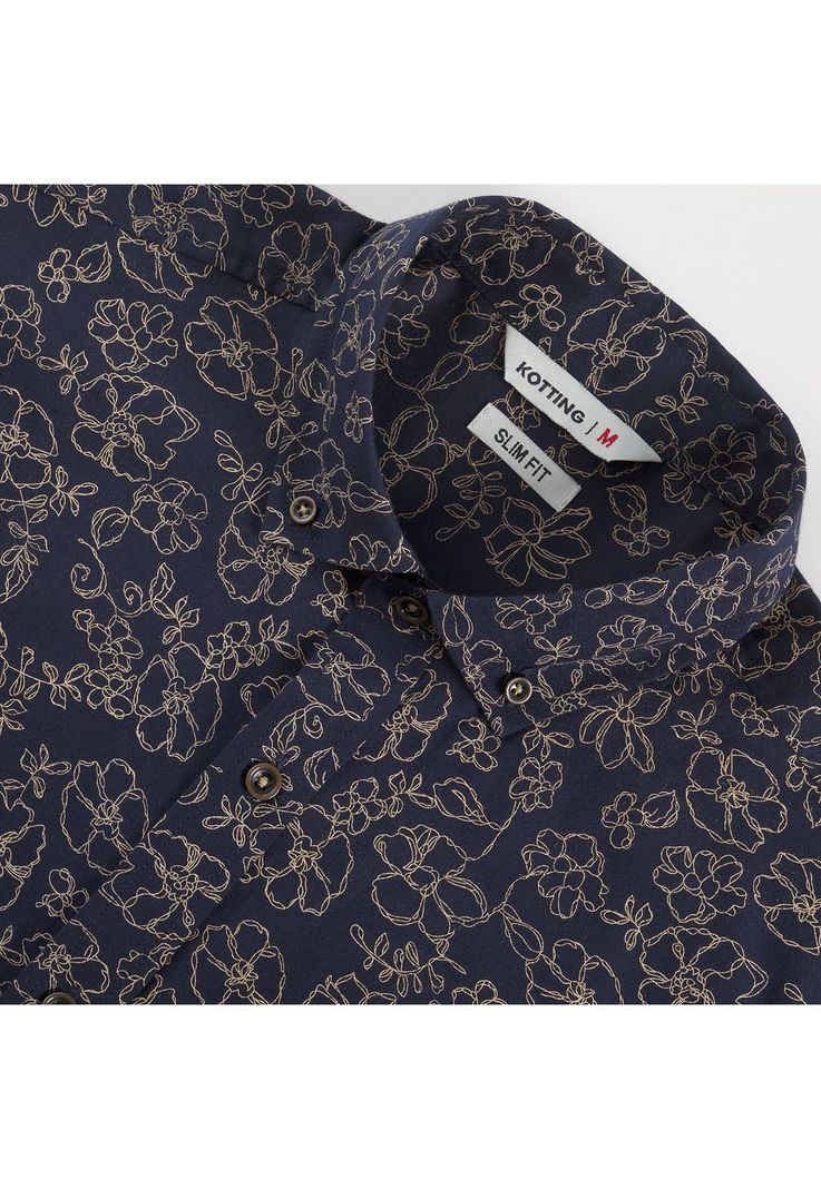 Camisa Manga Larga Oxford Estampada Slim Fit Botón Cuello Azul marino-0