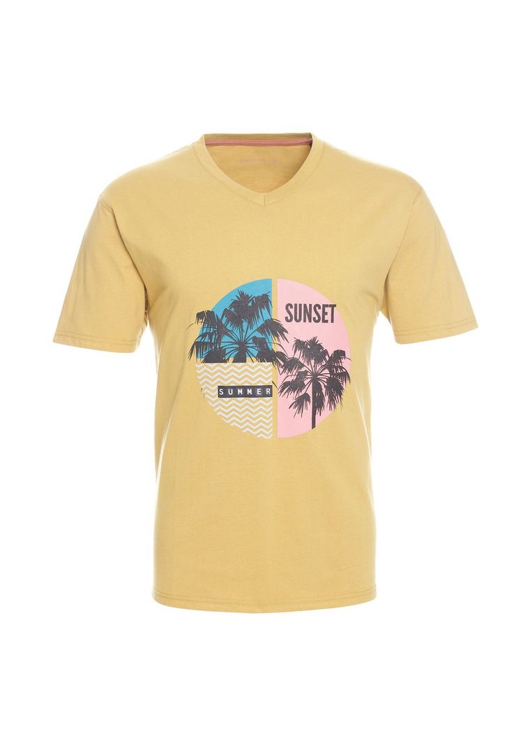 Polera Manga Corta Jersey Estampada Cuello V Ocre-3