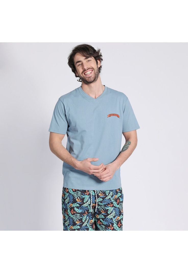 Polera Manga Corta Jersey Estampada Cuello V Celeste-1