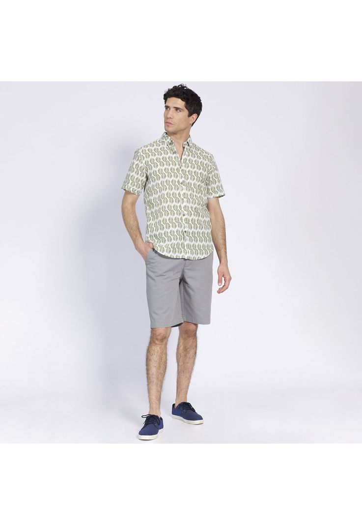 Camisa Manga Corta Estampada Diseño Slim Fit Botón Cuello Verde-0