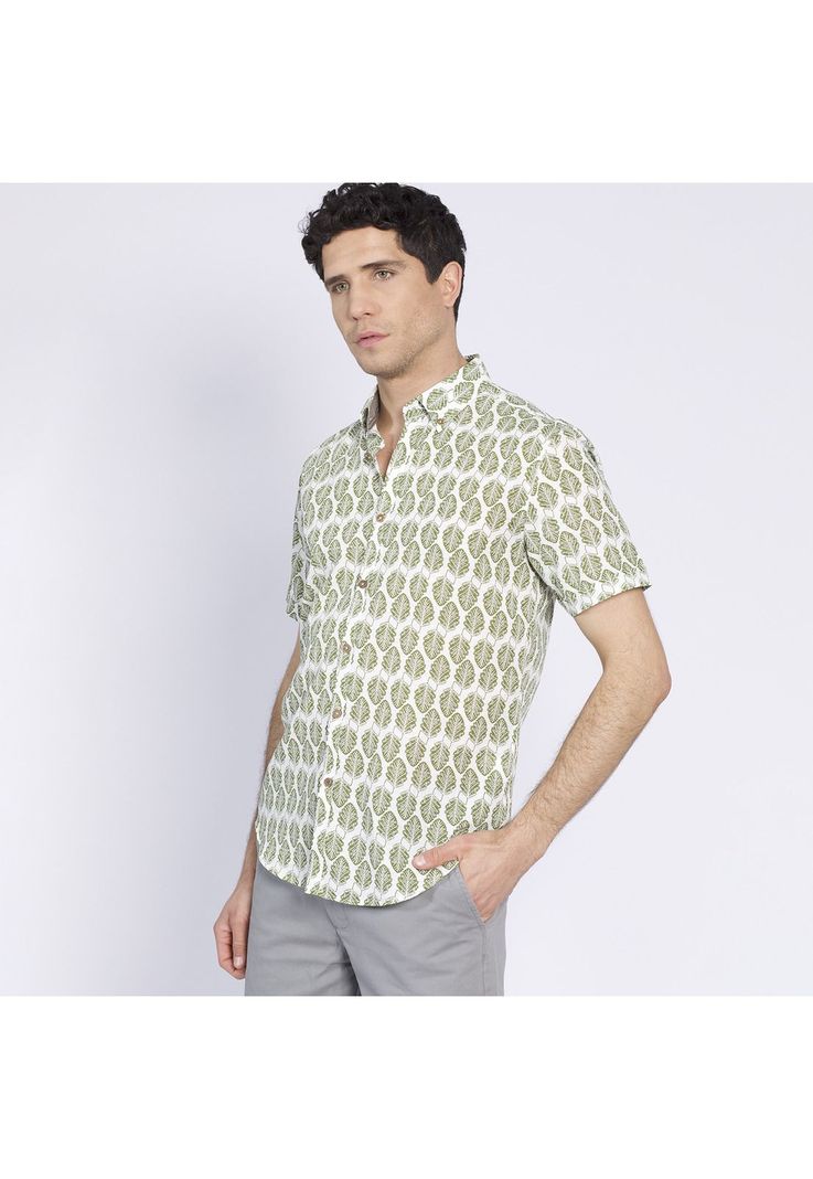 Camisa Manga Corta Estampada Diseño Slim Fit Botón Cuello Verde-1