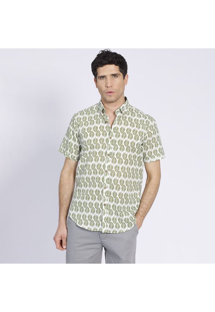 Camisa Manga Corta Estampada Diseño Slim Fit Botón Cuello Verde-2