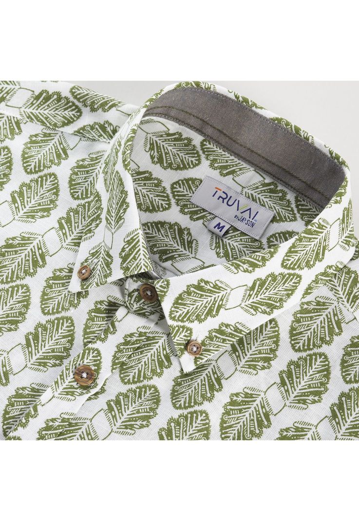 Camisa Manga Corta Estampada Diseño Slim Fit Botón Cuello Verde-3