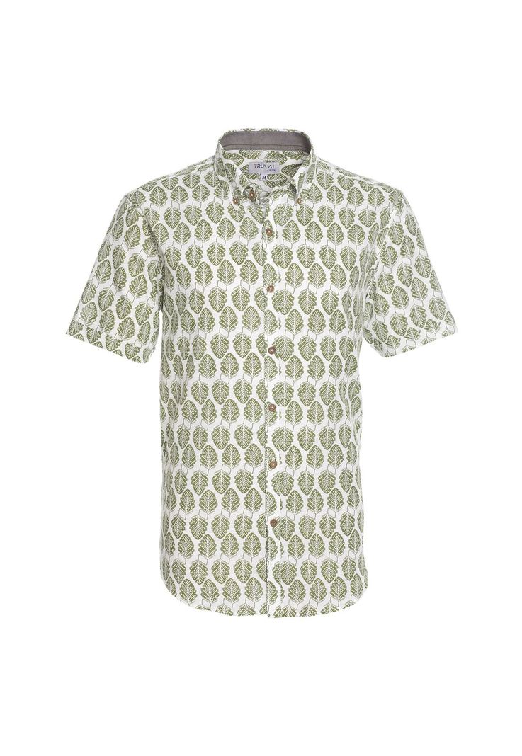 Camisa Manga Corta Estampada Diseño Slim Fit Botón Cuello Verde-4