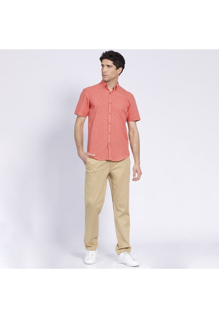 Camisa Manga Corta Estampada Diseño Slim Fit Botón Cuello Coral-0