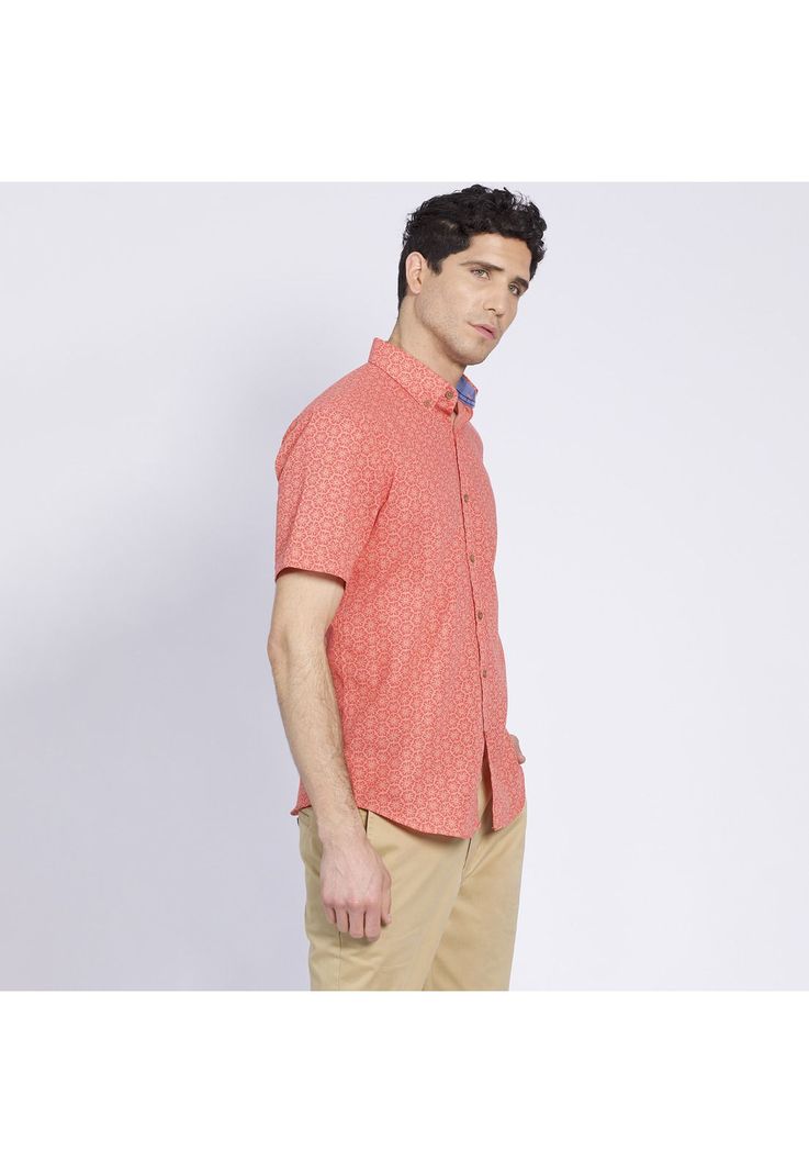 Camisa Manga Corta Estampada Diseño Slim Fit Botón Cuello Coral-1