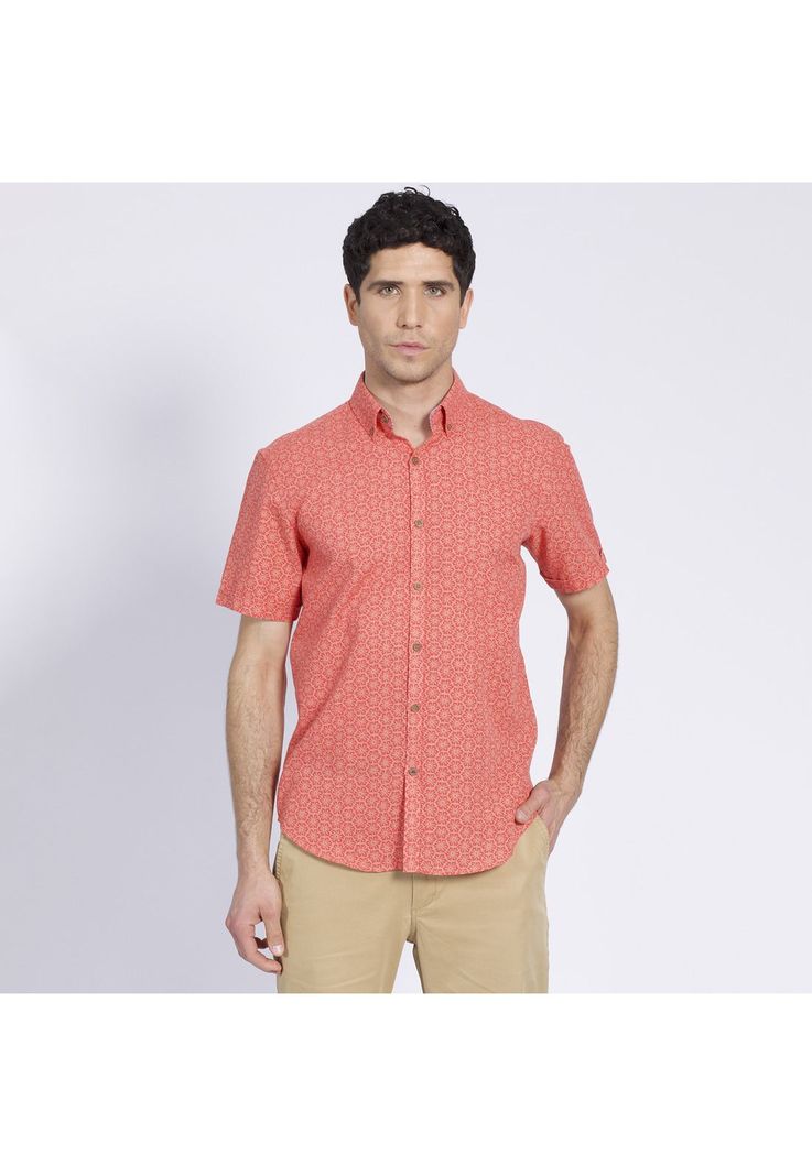 Camisa Manga Corta Estampada Diseño Slim Fit Botón Cuello Coral-2
