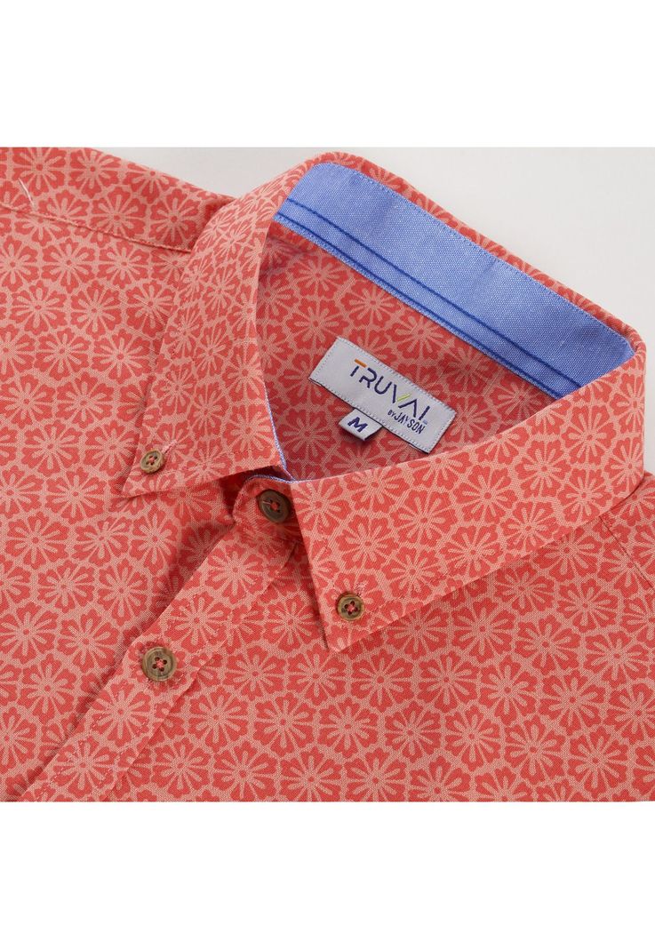 Camisa Manga Corta Estampada Diseño Slim Fit Botón Cuello Coral-3