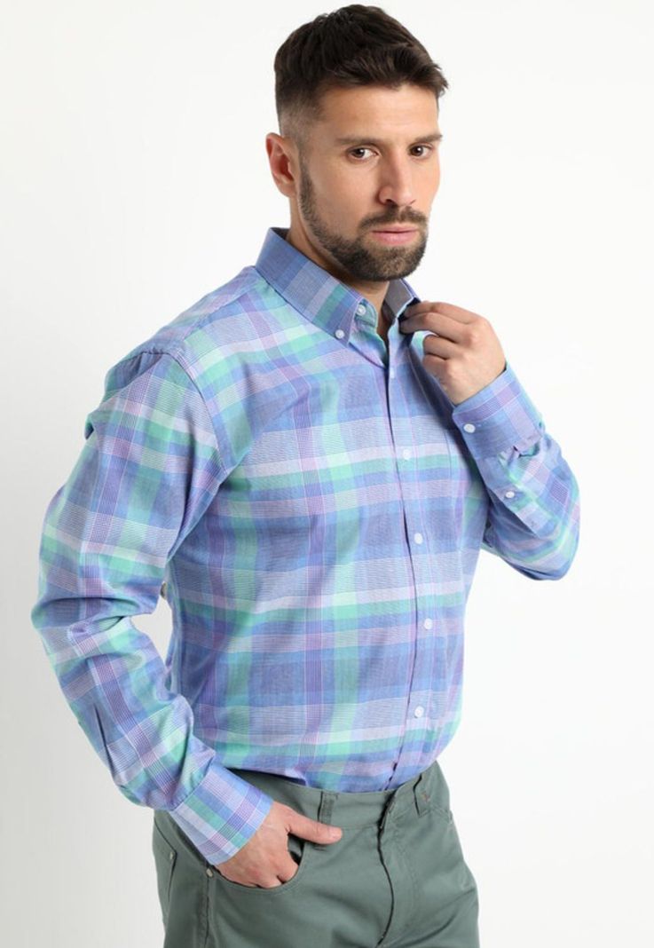 Camisa Fantasia Premium Manga Larga Boton Cuello Celeste-1