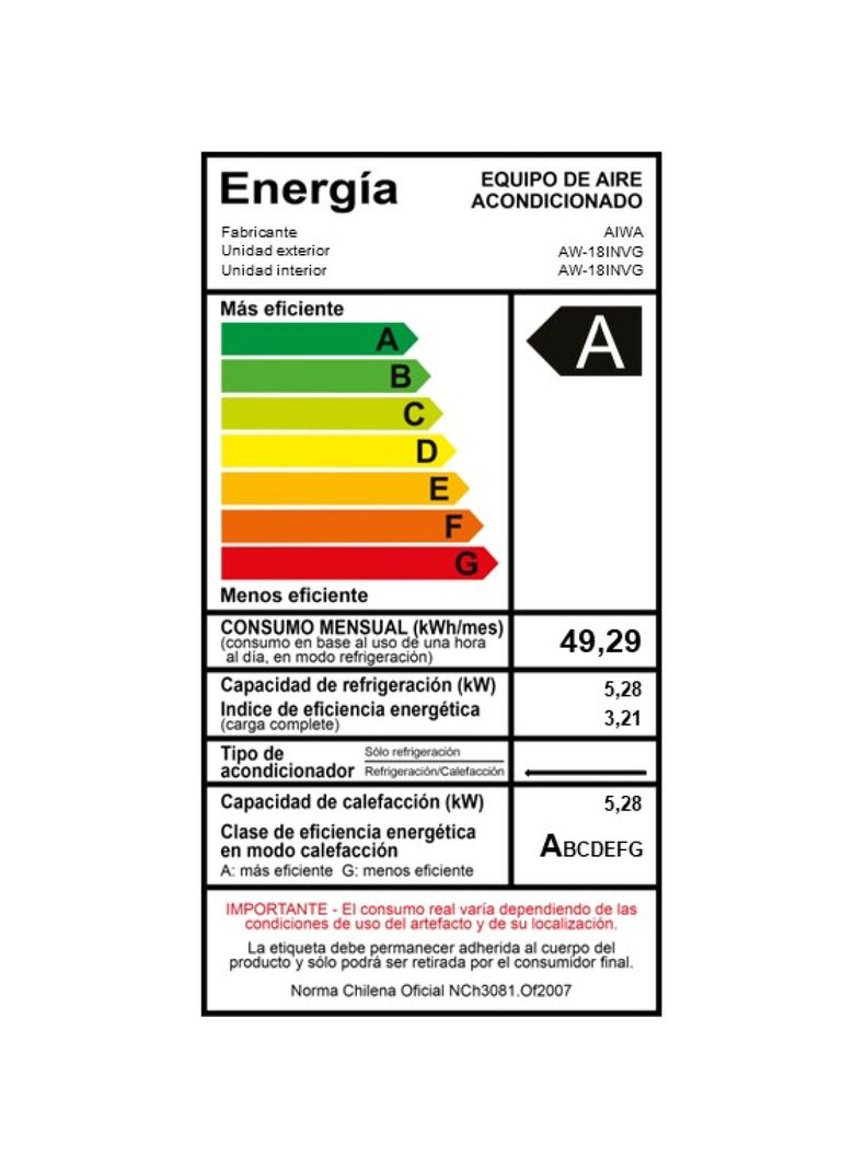 Aire Acondicionado Aiwa Split Inverter Frio Calor 24000btu AW-24INVG-3