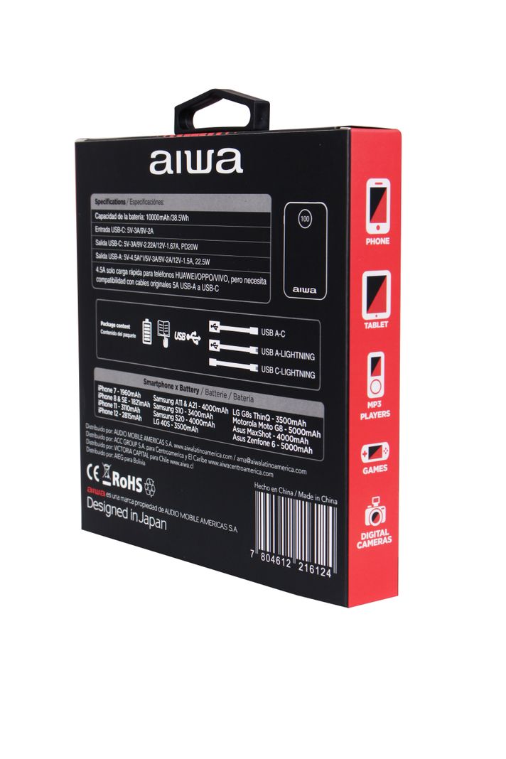 Cargador Batería Externa Power Bank 10.000 Mah Aiwa Paw-300-2