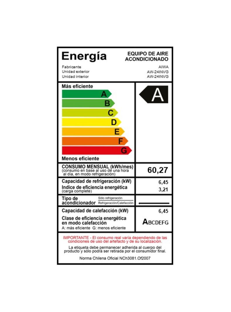 Aire Acondicionado Aiwa Split Inverter Frio Calor 18000btu AW-18INVG-3