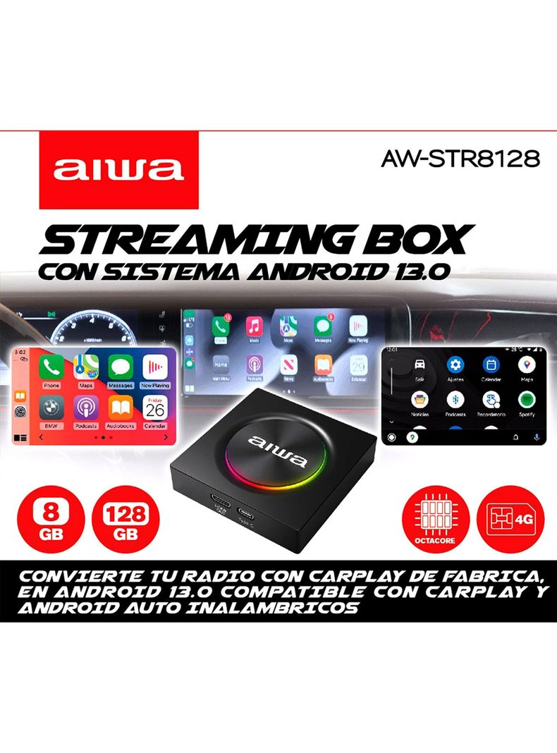 Android Auto Y Carplay Inalambrico Aiwa Box Wifi Aw-str8128-1