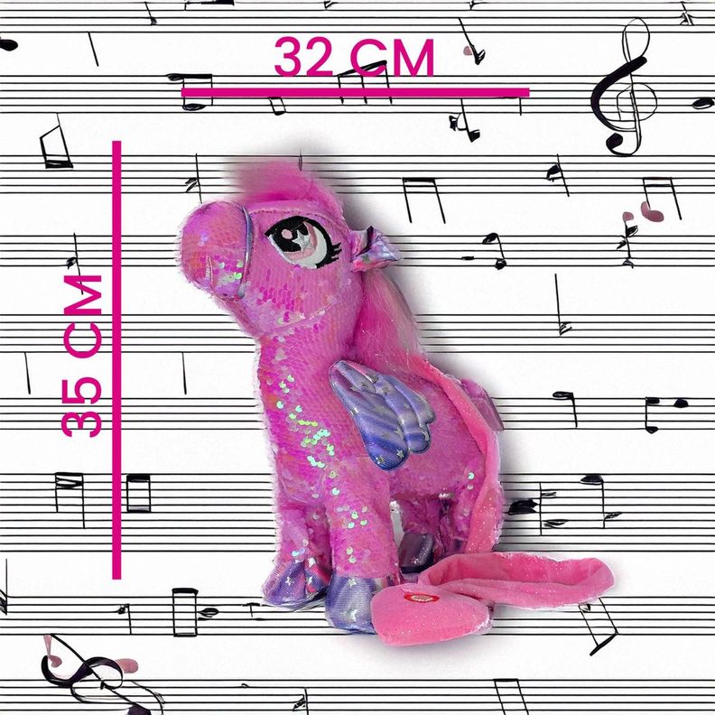 Unicornio Musical Y Bailarin Con Brillos Y Alas 35cm Fucsia-3
