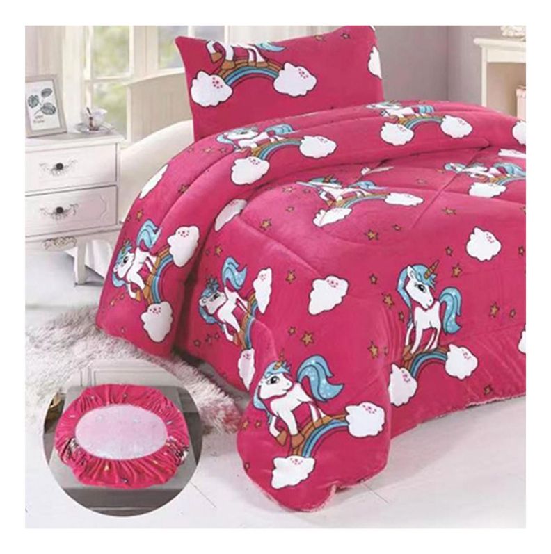Cobertor Chiporro y Sabana Bajera Polar Infantil 1.5 Plazas Fucsia Unicornio-0