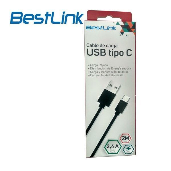 Cable De Carga USB Tipo C Carga Rápida De 2.4amp. 2 Mts. Negro Bestilink-1
