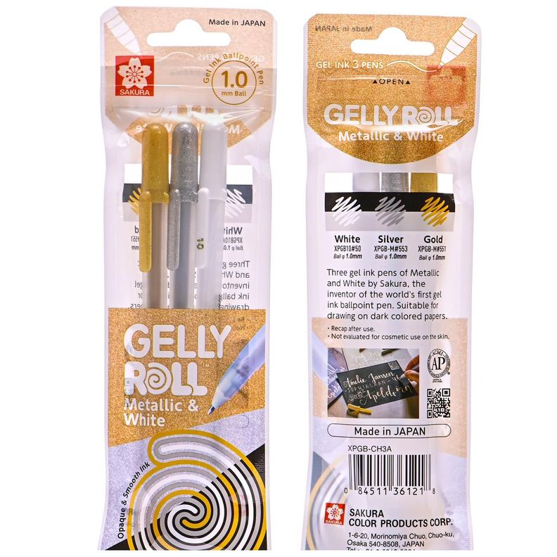 Set lapices gel Gelly Roll 3 Colores (Oro, Plata y Blanco) Surtido