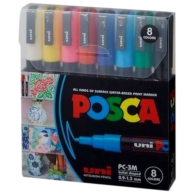 Marcador Uni Posca Set 8 Colores 3M (0.9 mm-1.3mm) Surtido