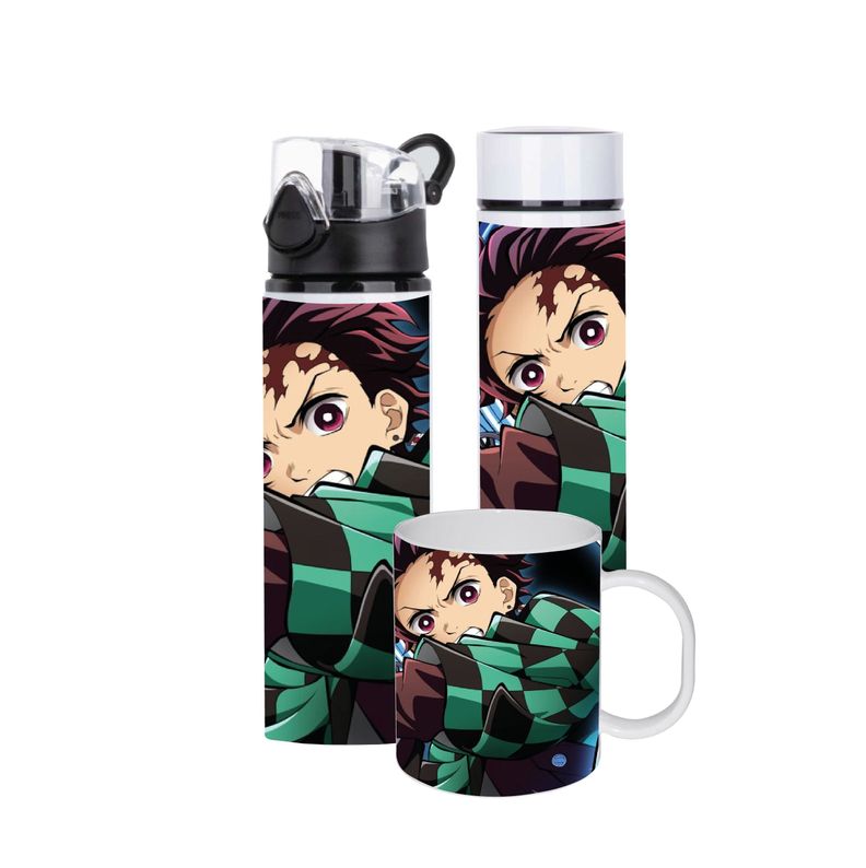 SET DISEÑO TANJIRO KIMETSU NO YAIBA  BOTELLA, TERMO , TAZÓN-0