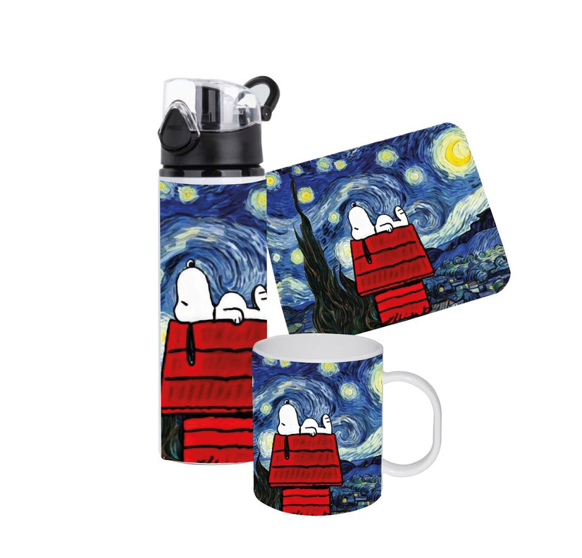 Set Botella Snoopy Cielo van Gogh  750 ml + mousepad + tazón 300 ml-0