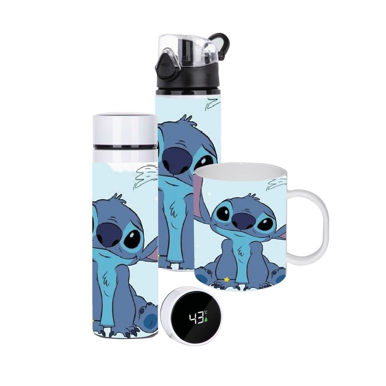 SET  STITCH DE LILO AND STITCH TERMO  450 ML, TAZÓN 300 CC CERÁMICO Y BOTELLA 750 ML-0