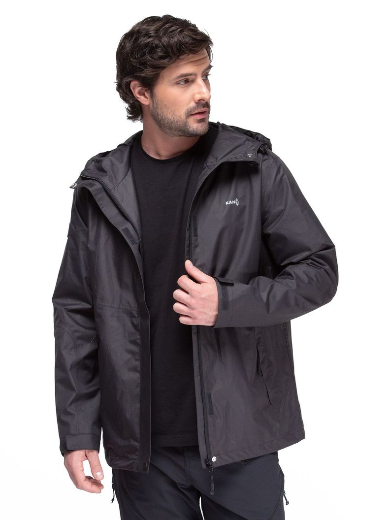 Chaqueta Cortavientos Impermeable Hombre Negro con Gorro-0