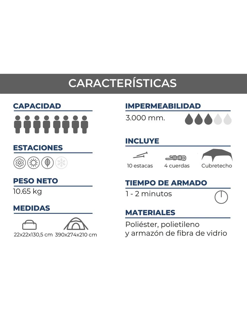 Carpa Colbun Kano Camping Automática 8 Personas Impermeable-3