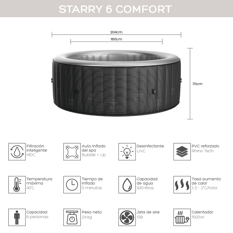 Hot Tub Inflable Starry Comfort Luz LED Para 6 Personas MSpa-2