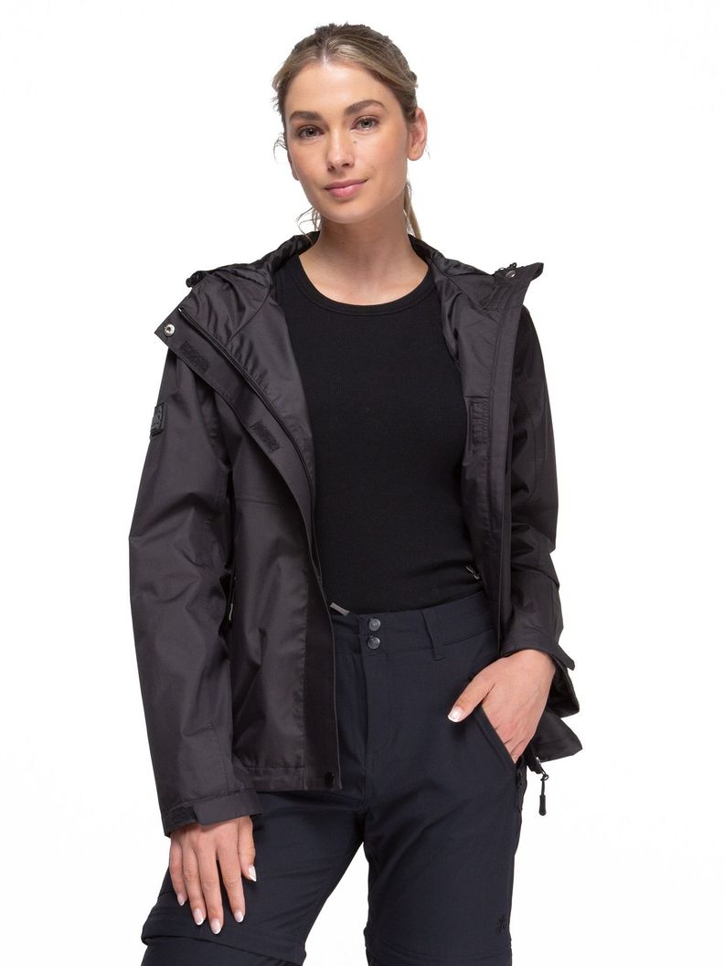 Chaqueta Cortavientos Impermeable Mujer Negro con Gorro-0