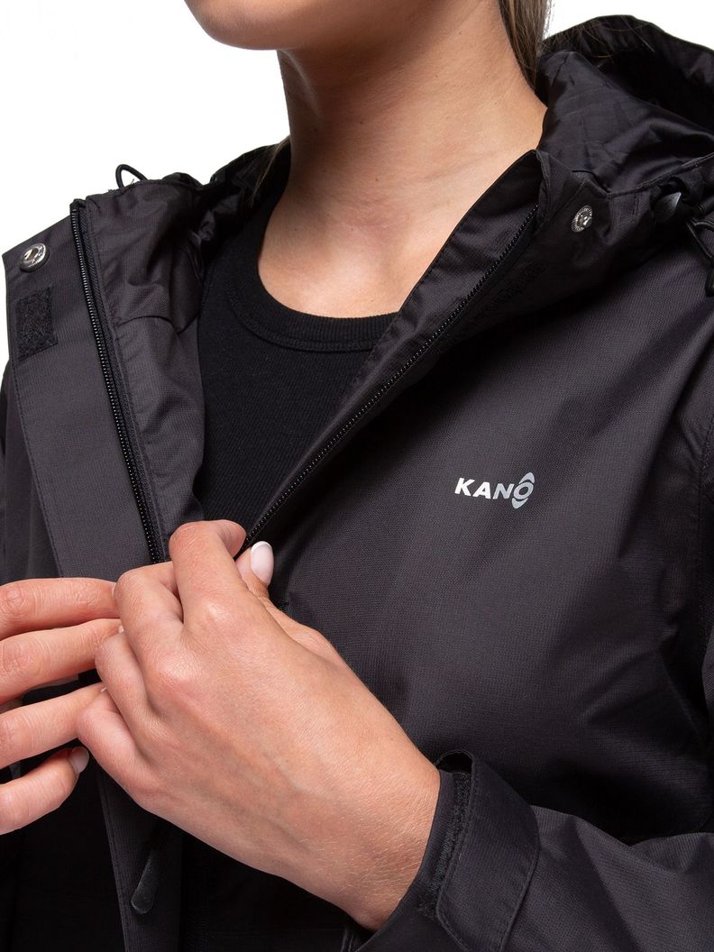 Chaqueta Cortavientos Impermeable Mujer Negro con Gorro-3