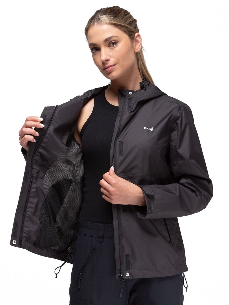 Chaqueta Cortavientos Impermeable Mujer Negro con Gorro-6