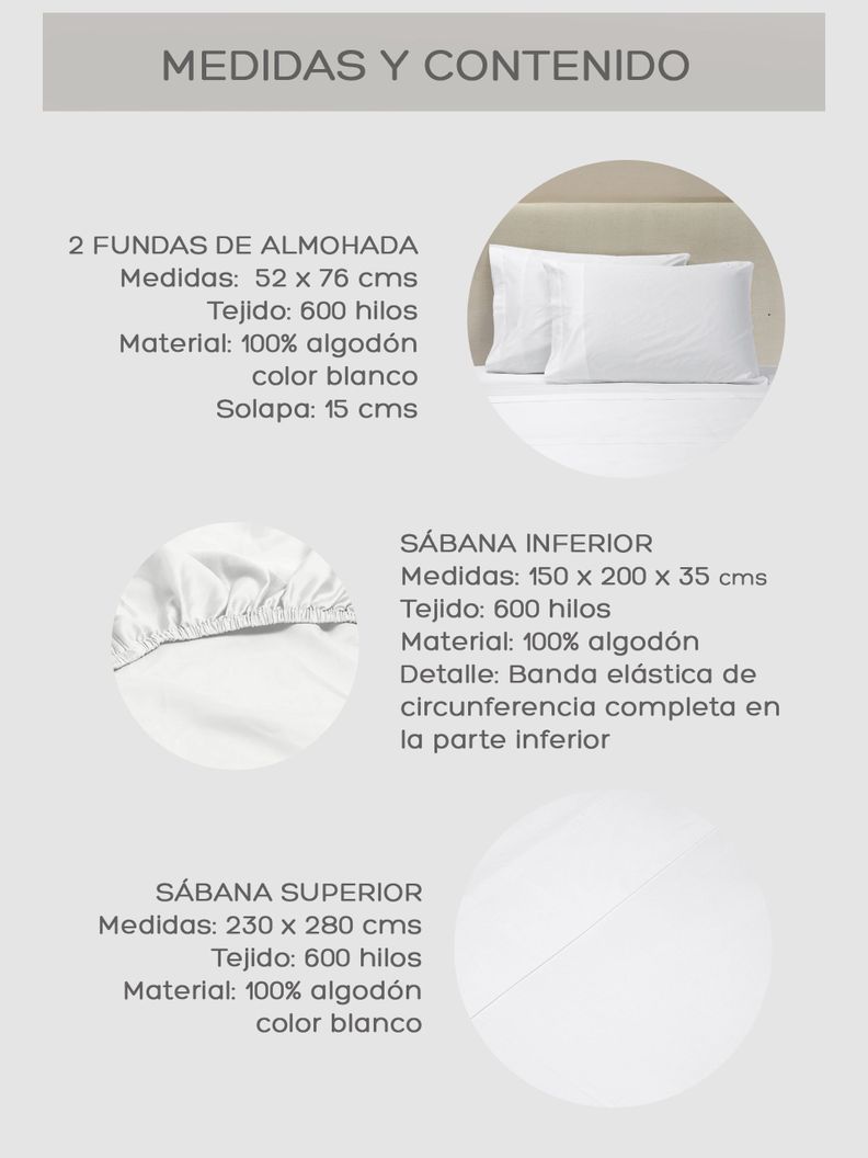 Juego de Sabanas Queen / Sábanas Blancas Relan 600 Hilos-7
