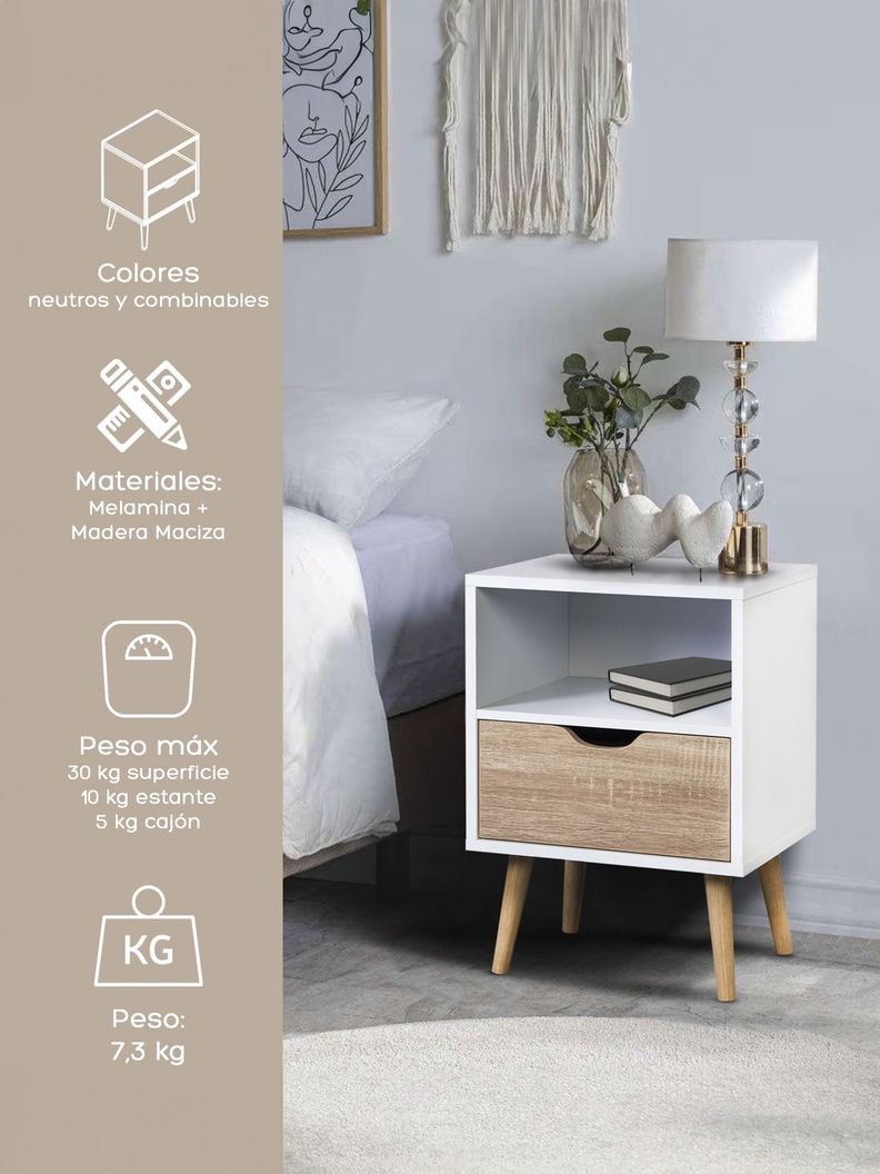 Velador Top Living Tromso Con Cajón Blanco y Madera-1