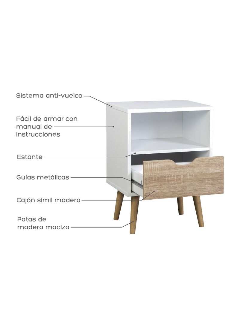 Velador Top Living Tromso Con Cajón Blanco y Madera-3