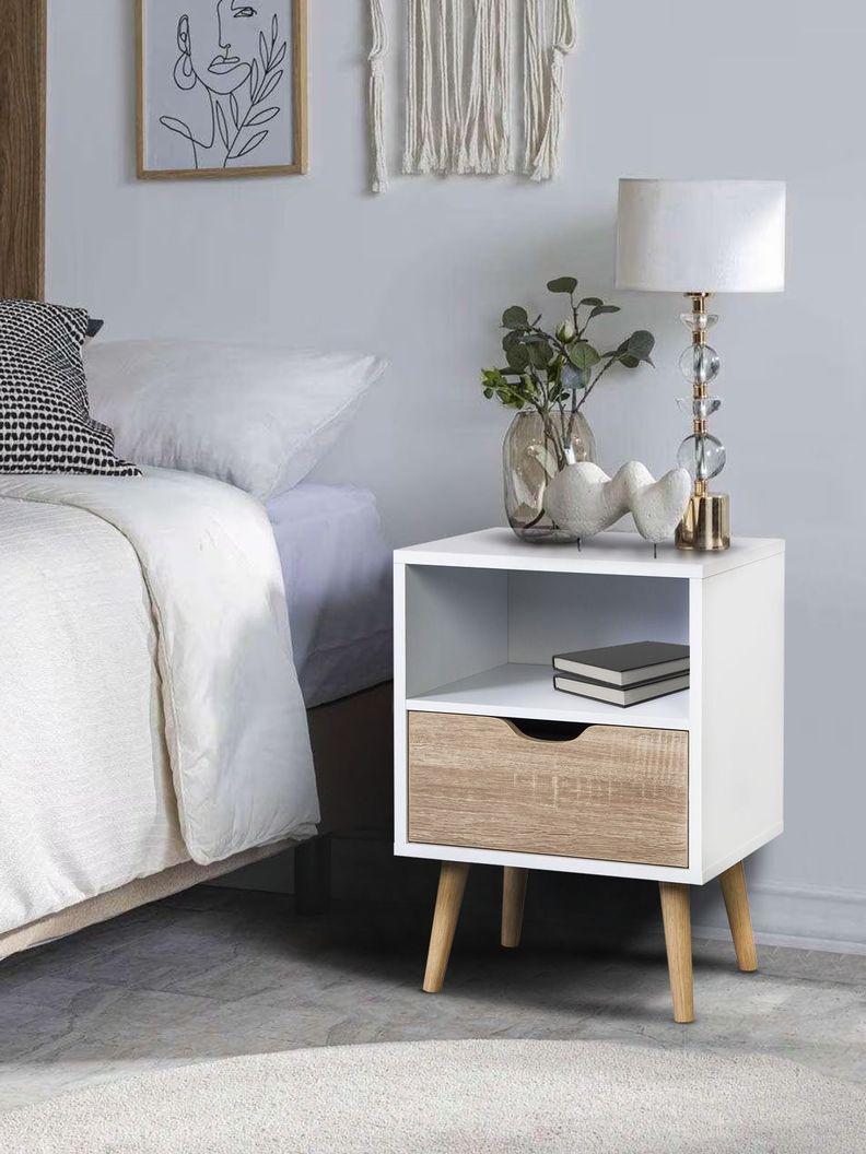 Velador Top Living Tromso Con Cajón Blanco y Madera-7