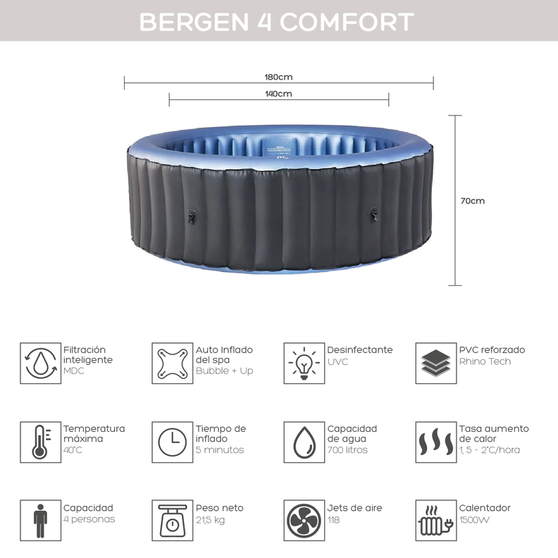 Hot Tub Inflable Spa Bergen Comfort Para 4 Personas MSpa-2