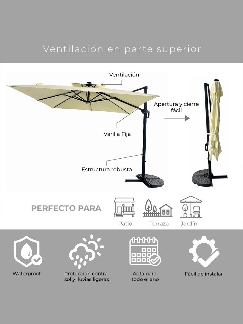 Quitasol Reforzado con Base Relan Bright Night Luces 300cm-5