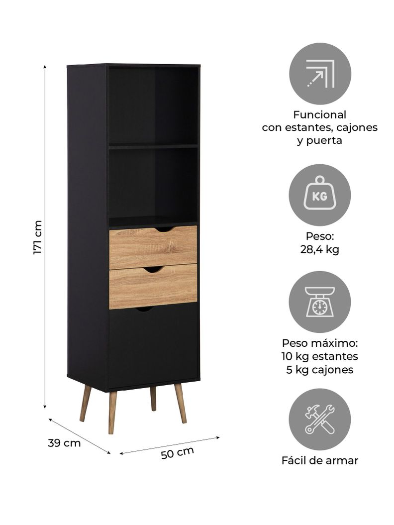 Estante Librero Top Living Gotemburgo Black Nórdico con Cajones-2