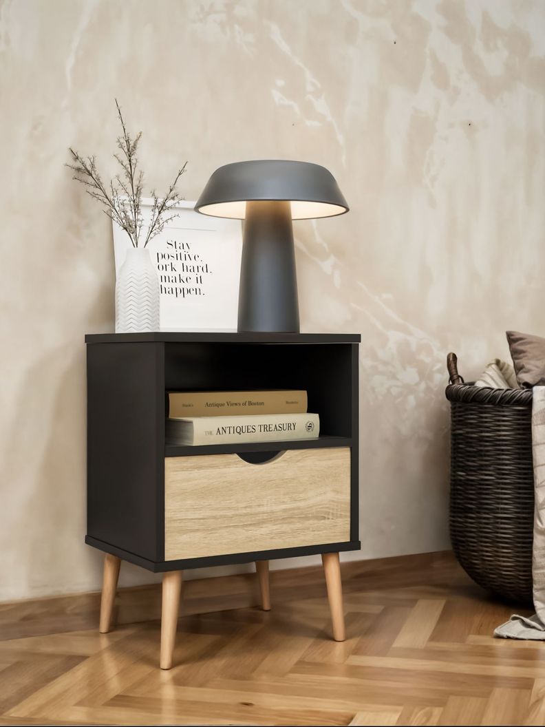 Velador Top Living Tromso Con Cajón Negro y Madera-1